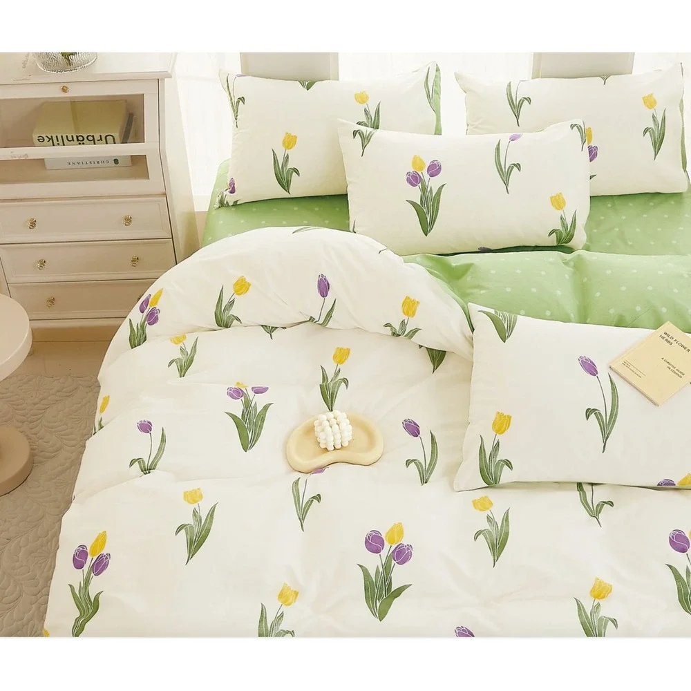 Amy Tulip Farmhouse White Purple 100% Cotton Reversible Comforter Set Queen‎